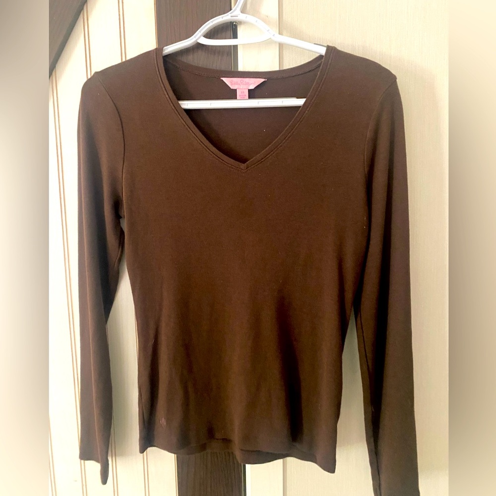 LILLY PULITZER Soft Stretch Long Sleeve T-shirt Brown V-neck‎ Top Size X-Small